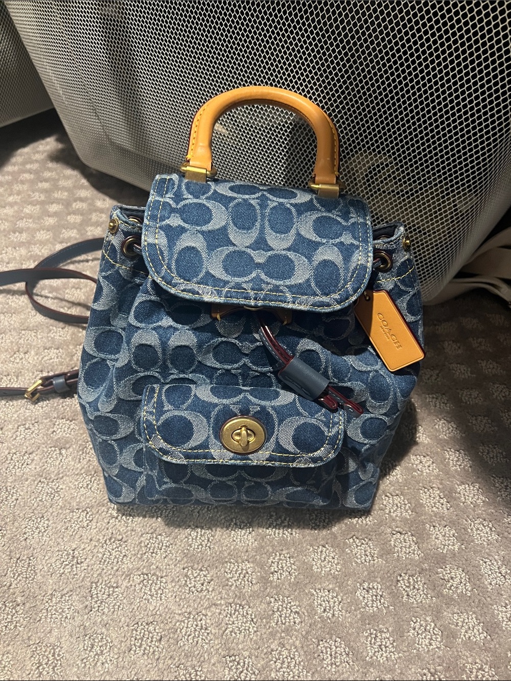 Coach Blue Denim Signature Mini Backpack with Tan Top Handle